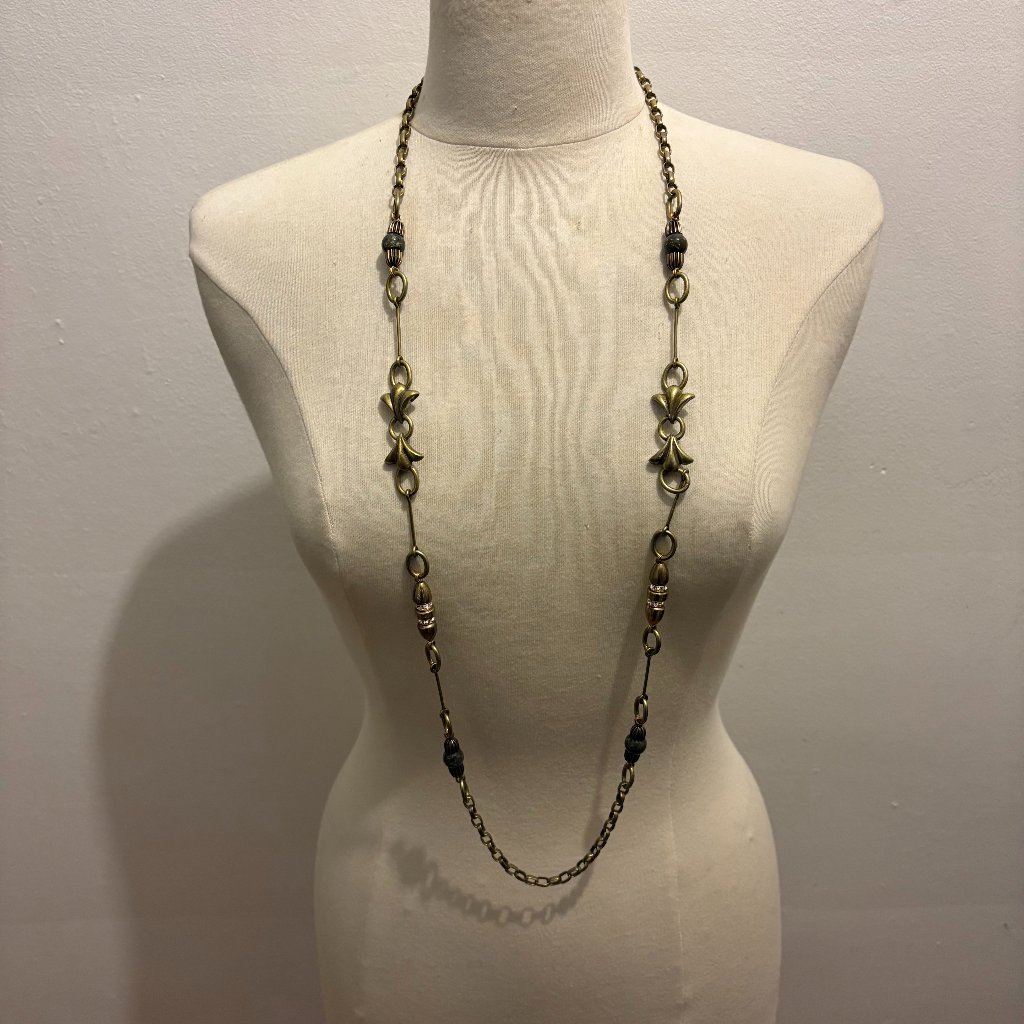 Gerard Yosca Signed Brass, Serpentine & Crystal Rondelle Statement Necklace